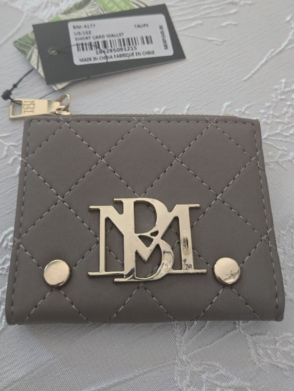 Badgley Mischka Taupe Quilted Card Wallet with Gold BM Logo